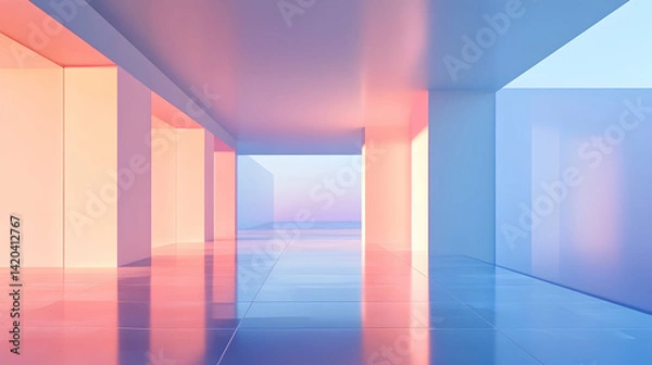 Fototapeta Minimalist abstract 3D render of a modern interior with blue and pink gradient lighting and reflective surfaces.