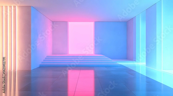 Fototapeta Minimalist abstract 3D render of a modern interior with blue and pink gradient lighting and reflective surfaces.