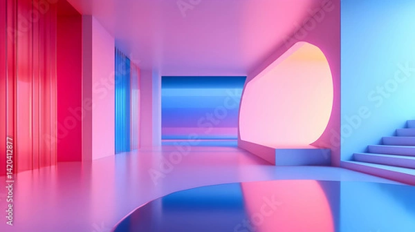 Fototapeta Minimalist abstract 3D render of a modern interior with blue and pink gradient lighting and reflective surfaces.