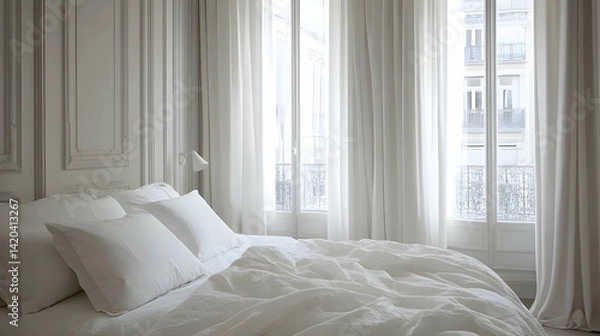 Fototapeta Minimalist bedroom with simple curtains and a contemporary design.
