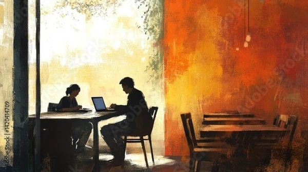 Fototapeta A bright, modern workspace featuring two professionals engaged in conversation at a wooden table