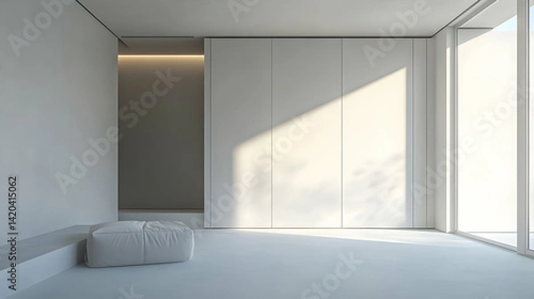Fototapeta Minimalist dressing room with a sleek white wardrobe and a modern aesthetic.