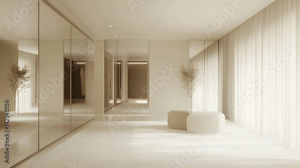 Fototapeta Minimalist dressing room with soft neutral tones and elegant mirrored details.