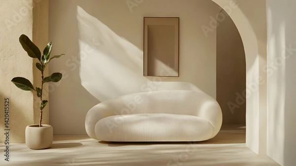 Fototapeta Minimalist home interior with a beige sofa, fig plant, and frame mockup.