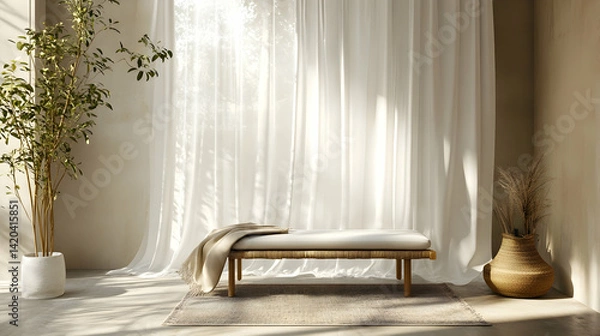 Fototapeta Minimalist living room featuring a cozy bench, a decorative rug, a sunlit window, and flowing white curtains.