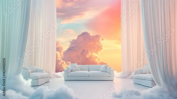 Fototapeta Minimalist living room floating in a surreal cloudscape, featuring white furniture and curtains contrasted with a swirling colorful sky