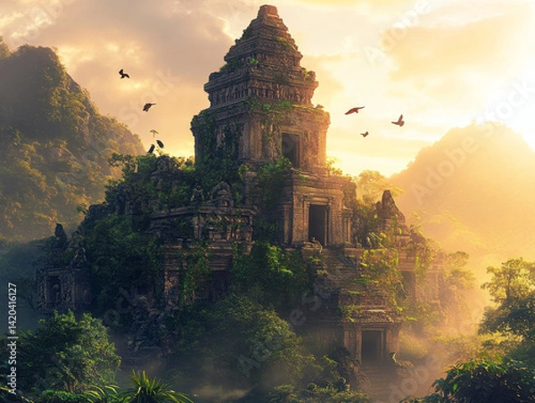 Fototapeta An ancient stone temple partially overgrown w
