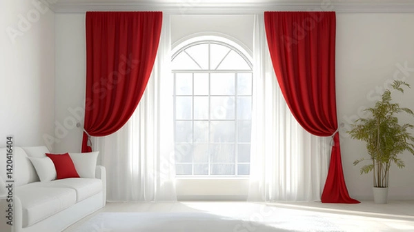 Fototapeta Minimalist living room interior with bright red and white curtains framing a large window
