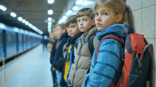 Fototapeta A diverse group of seven children stands in a hallway with brick walls, waiting in a line.