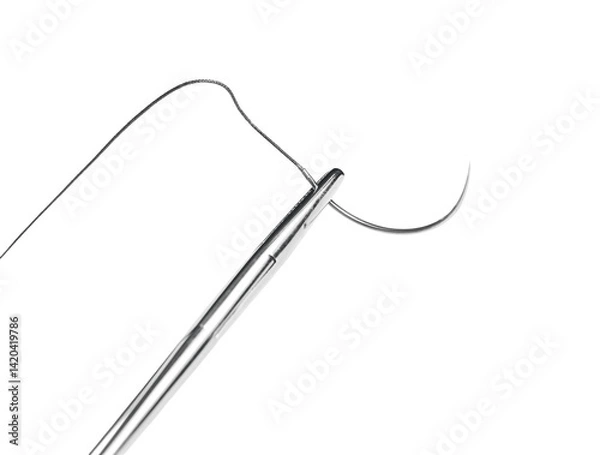 Fototapeta Close-up of a surgical needle threaded with suture. Sharp point and fine thread against a white background.