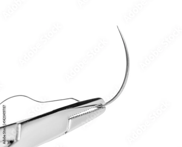 Fototapeta Close-up of a surgical needle threaded with suture. Sharp point and fine thread against a white background.