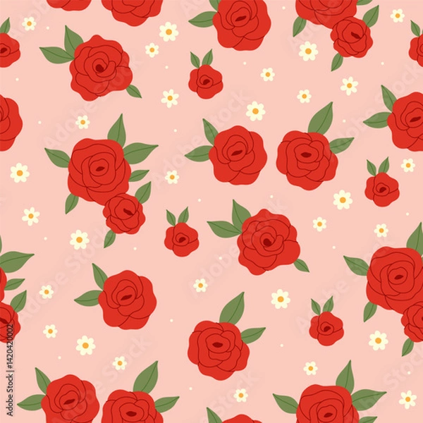 Fototapeta Seamless pattern with red roses and daisies. Vector graphics