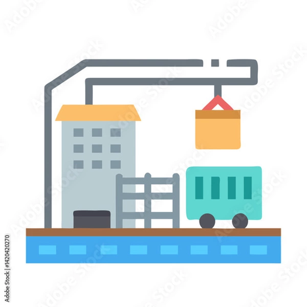 Fototapeta Flat Vector Illustration: Crane Loading Cargo Into Train