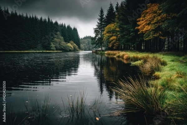 Obraz Calm water reflects trees as autumn colors emerge under a cloudy sky in a serene natural setting
