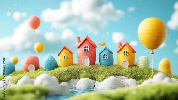 Obraz Miniature colorful houses with balloons are set against a bright sky and lush grass during daylight