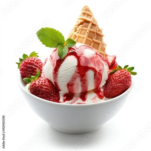 Fototapeta A bowl of ice cream with strawberries syrup and a waffle on white background