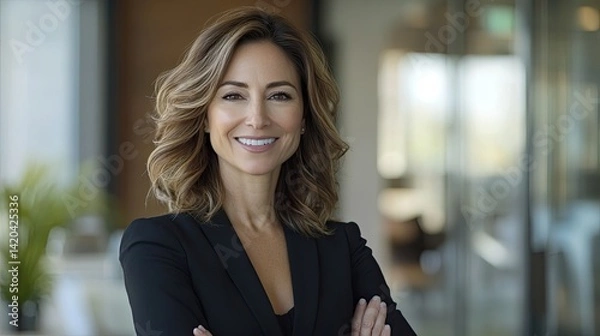 Fototapeta A smiling woman with shoulder-length blonde hair stands confidently with her arms crossed in a modern office setting.