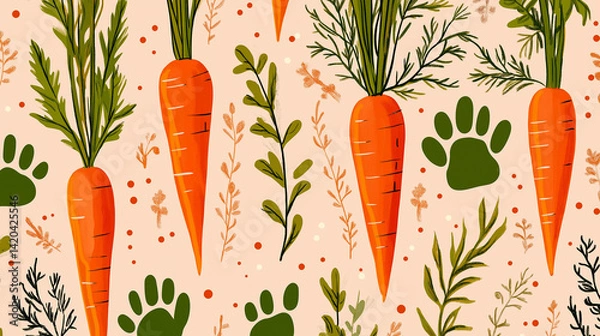 Obraz Colorful carrot pattern with floral elements and paw prints on cream background