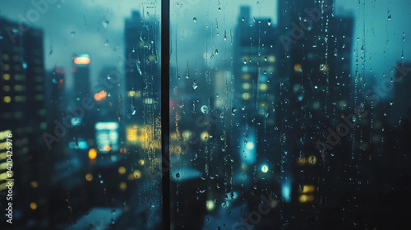 Fototapeta Close-up of raindrops on a glass window with blurred background