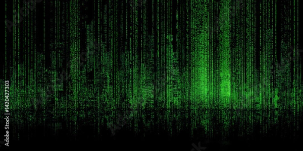 Fototapeta Digital matrix rain with vertical green code lines forming a dark city silhouette
