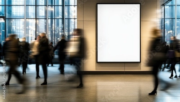 Fototapeta Busy modern lobby with blank billboard