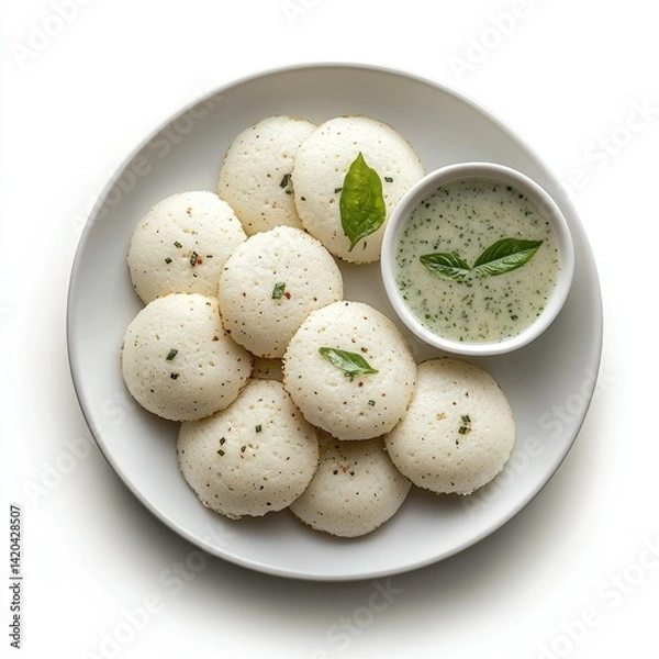 Obraz A top view of idli sambar on a white plate, garnished with fresh basil