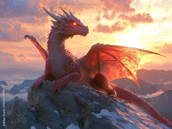 Fototapeta Dragon resting on a mountain peak during sunset