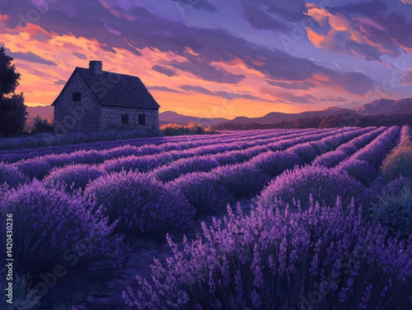 Fototapeta Endless rows of blooming lavender stretch towards the horizon