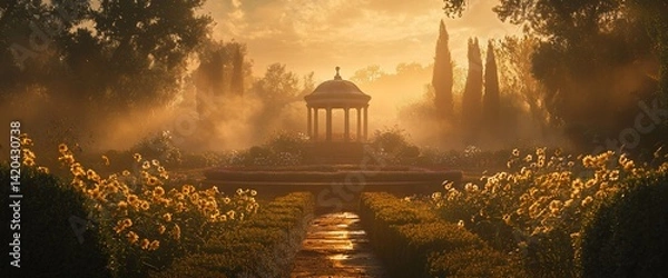 Fototapeta Ethereal dawn illuminates a tranquil formal garden with a classic gazebo center