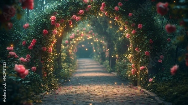 Fototapeta Mystical rose-covered pathway with glimmering lights in a serene garden atmosphere