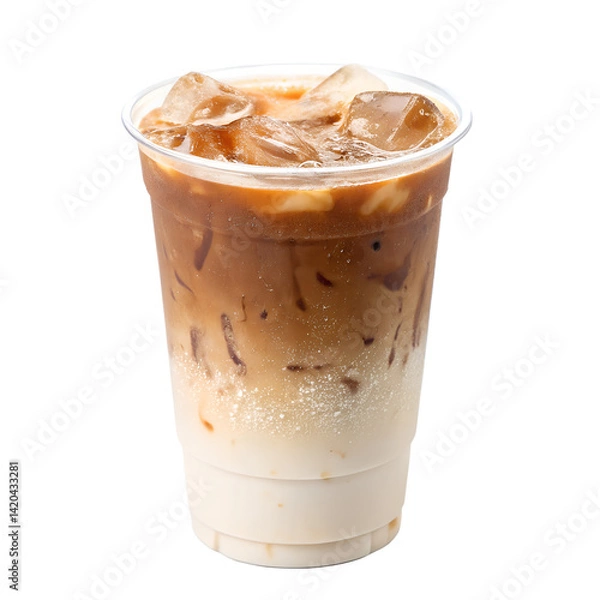 Fototapeta Clear plastic cup filled with Latte frappe, isolated on transparent background
