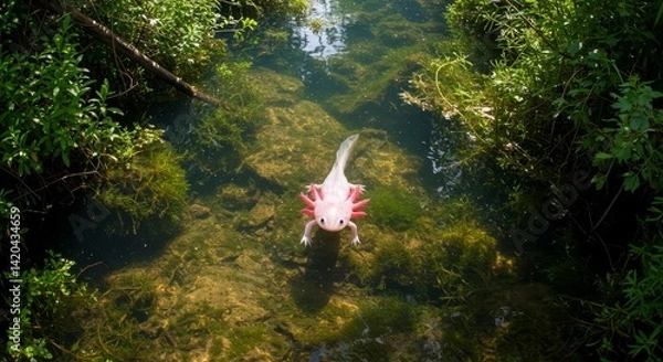 Fototapeta Charming axolotl swimming in clear pond water surrounded by lush vegetation
