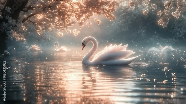 Fototapeta Serene swan gliding on a shimmering lake beneath blossoming trees in twilight