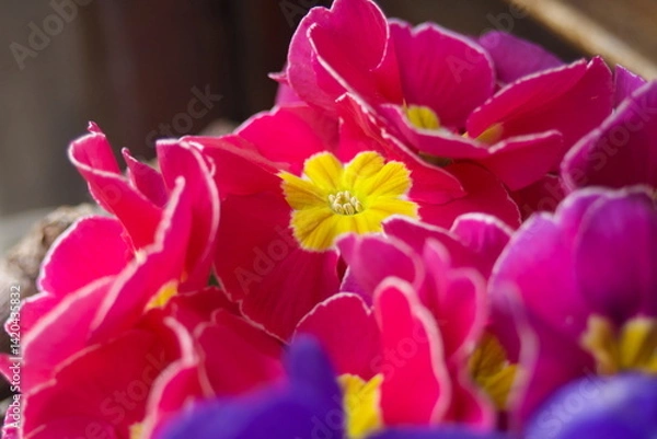Fototapeta close up of multicolored petals of primroses in botanical called Primula vulgaris