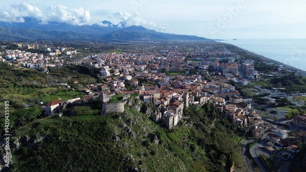 Fototapeta suggestive from top aerial view of buildings complex of Scalea city in Calabria