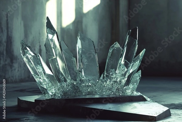 Fototapeta A podium with a jagged, shattered glass appearance, where shards intricately come together to form a solid structure, creating a striking and dynamic visual design

