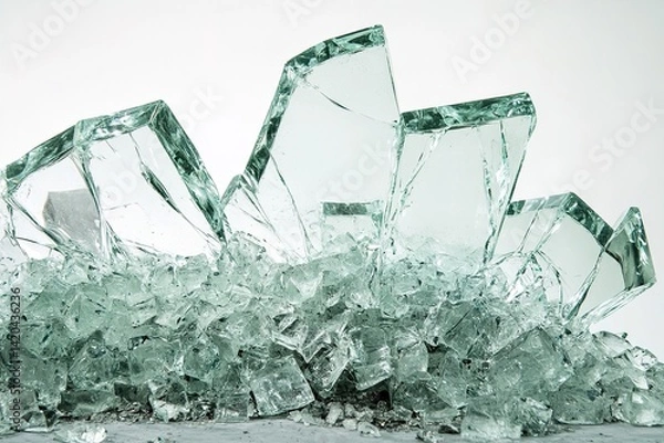 Fototapeta A podium with a jagged, shattered glass appearance, where shards intricately come together to form a solid structure, creating a striking and dynamic visual design

