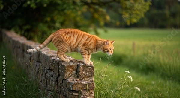Fototapeta Ginger tabby cat attentively perched on a timeworn stone wall amidst lush greenery
