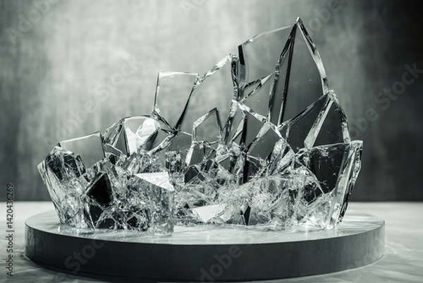 Fototapeta 
A podium with a jagged, shattered glass appearance, where shards intricately come together to form a solid structure, creating a striking and dynamic visual design

