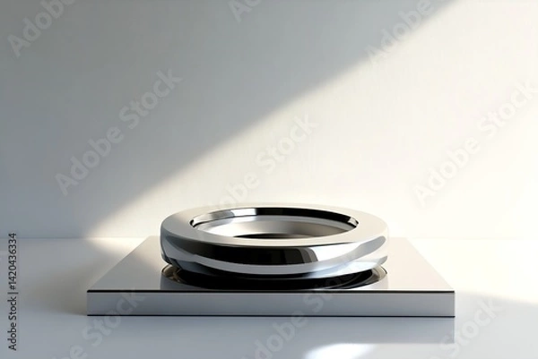 Fototapeta 
A podium with a rotating circular top, crafted from reflective stainless steel, exuding a futuristic vibe with its sleek design and dynamic functionality

