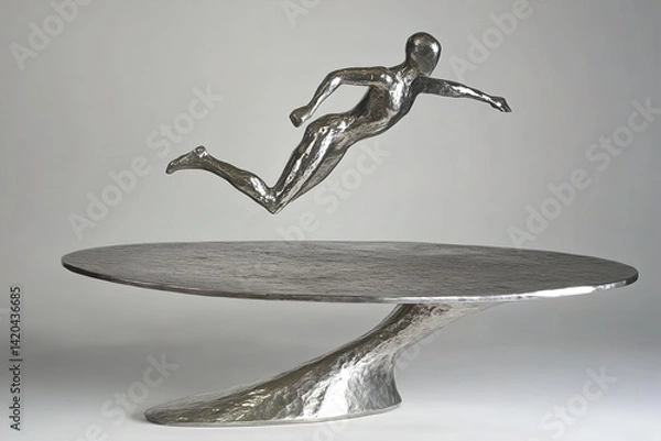 Fototapeta 
A podium with a sculptural base, resembling an abstract human figure in motion, cast from silver metal, creating a dynamic and artistic representation of movement

