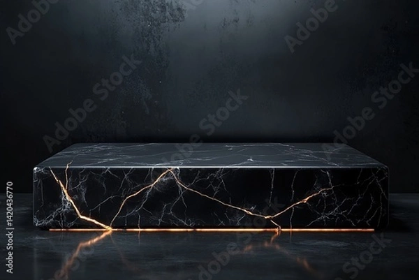 Fototapeta A podium with a sleek, polished black obsidian surface, featuring glowing cracks running through it, creating a striking, modern design with a touch of mysticism

