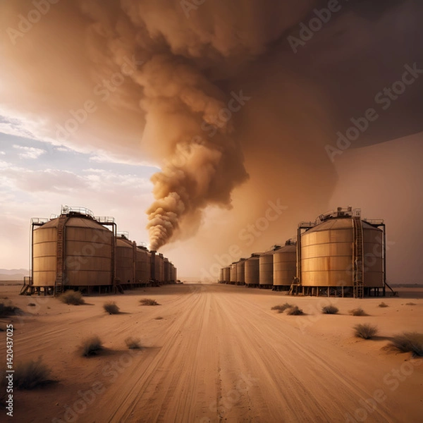 Obraz Industrial Desert Landscape Smoke Stack Emissions from Storage Tanks under a Dramatic Sky