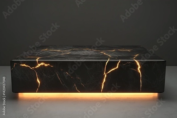 Fototapeta A podium with a sleek, polished black obsidian surface, featuring glowing cracks running through it, creating a striking, modern design with a touch of mysticism

