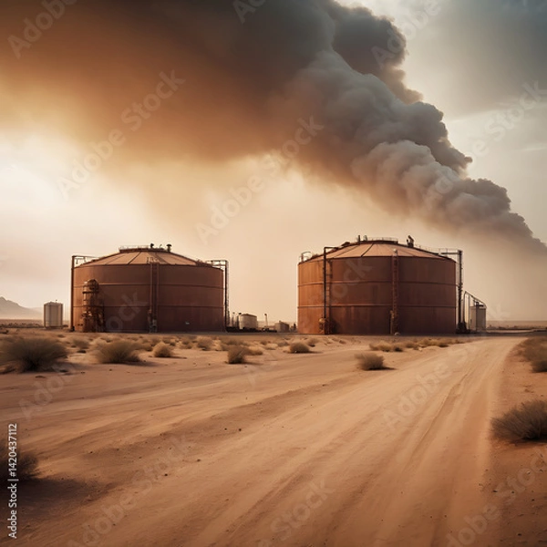 Obraz Desert Industrial Landscape Large Storage Tanks and Pollution Smoke