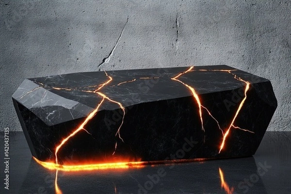 Fototapeta A podium with a sleek, polished black obsidian surface, featuring glowing cracks running through it, creating a striking, modern design with a touch of mysticism


