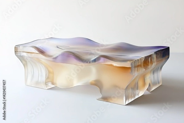 Fototapeta A podium with a wavy, fluid-like top surface made from clear resin, featuring subtle hints of color at the edges, creating an elegant and dynamic design

