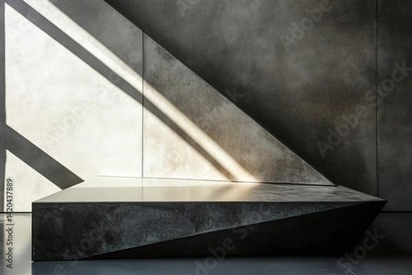 Fototapeta A podium with an angular, slanted surface made of polished concrete, featuring sharp edges and a matte finish, showcasing modern, minimalist design elements

