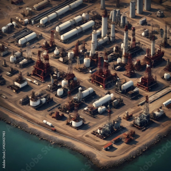 Obraz Aerial View of Coastal Oil Refinery Industrial Complex and Drilling Rigs by the Sea