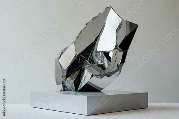 Fototapeta A podium with an asymmetrical, collapsing structure, resembling a shattered piece of a mirror, creating a striking visual of fragmented geometry and modern design

